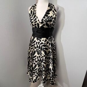 Maggy London Silk Baby Doll Tropical Print Halter Dress Cocktail Party Midi